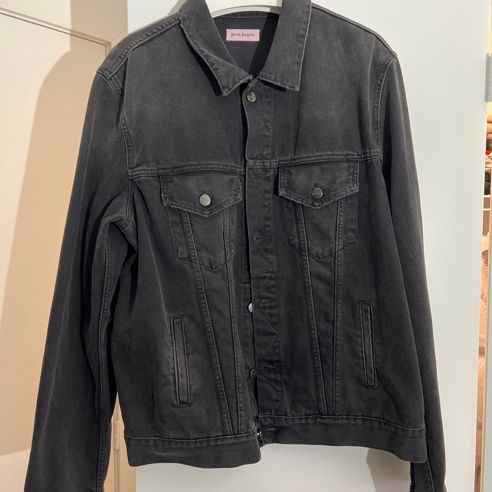 PALM ANGELS HEART PRINTED BLACK DENIM JACKET